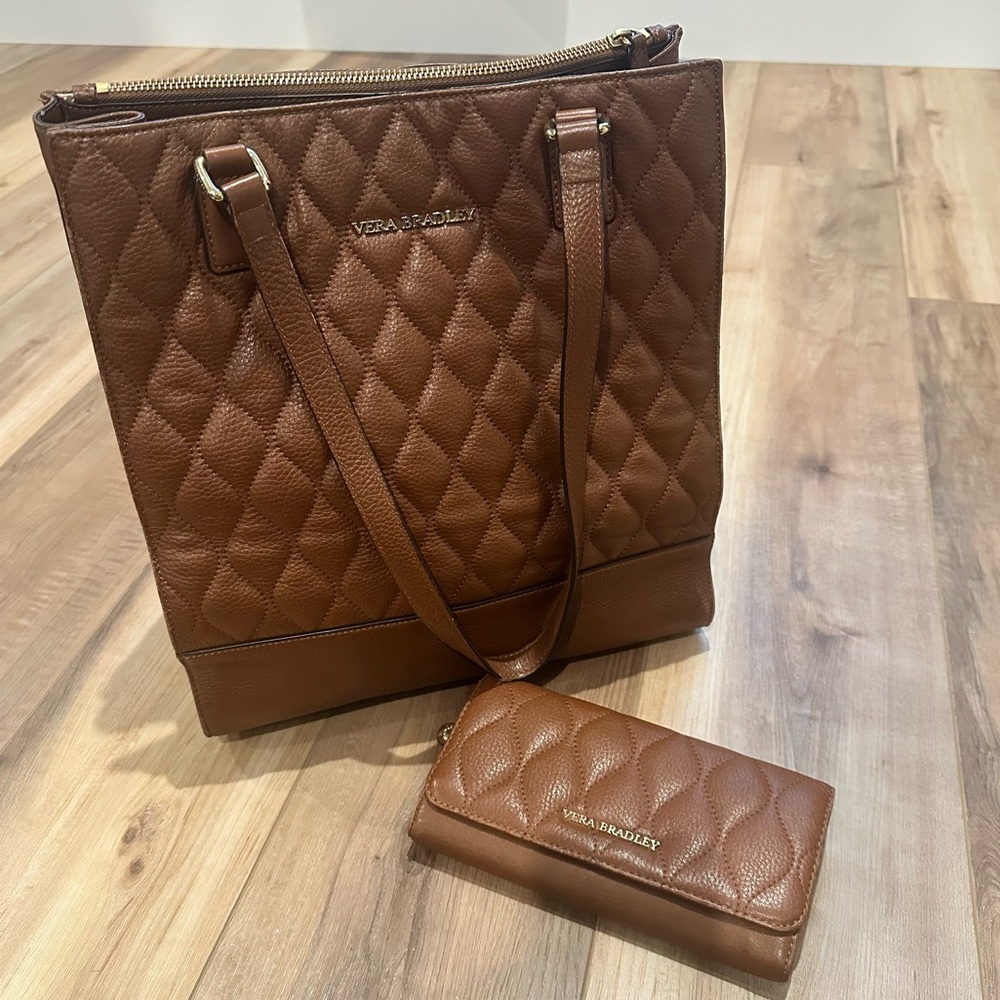 Vera Bradley Nora leather tote in a cognac brown quilted with wallet